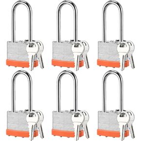 6pcs Solid Keyed Alike Padlock with 12 Same Keys & Long Hardened Shackles - Resist Cutting, Gym Locker Lock with Key, Storage Pad Lock for Locker Gym Gate Outdoor Indoor Use (Long Shackle)