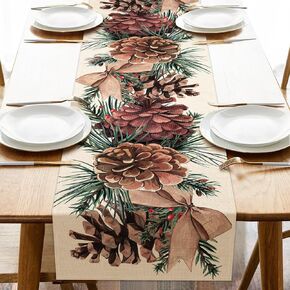 Seliem Winter Pine Cone Table Runner, Pine Needle Branch Red Berry Bow Farmhouse Kitchen Dining Table Decor, Christmas Holiday Seasonal Rustic Home Decoration Indoor Outdoor Party Supply 13x72 Inches