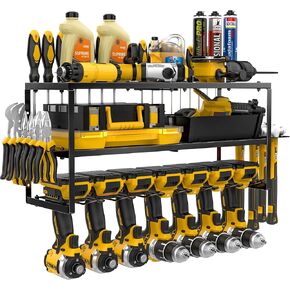 Power Tool Organizer-7 Drill Holder Wall Mount, Garage Organization Storage, 3 Layer Heavy Duty Metal Power Tool Rack,Garage Tool Organizer with Screwdriver Plier Hammer Holder, Men Dad Gifts