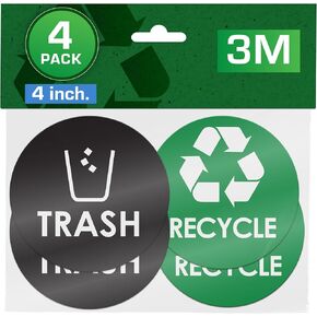 Recycling & Trash Bin Stickers - 4-Pack, 4" Inch Round Decals - Easy to Apply, UV-Resistant for Indoor & Outdoor Waste Management in Kitchens, Offices, and Public Spaces