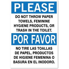 Please: Do not Throw Paper or Trash in Toilet, Bilingual Sign, 5" high x 3.5" Wide, Black/Blue on White, Self Adhesive Vinyl Sticker, Indoor and Outdoor Use, Rust Free, UV Protected, Waterproof