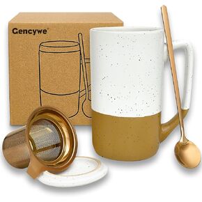 Ceramics Large Tea Cup with Loose Leaf Infuser, Spoon and Lid, 16 oz Tall Coffee Mug, Microwave and Dishwasher Safe, Rustic Matte Ceramic Glaze, Tea Strainer, Amber