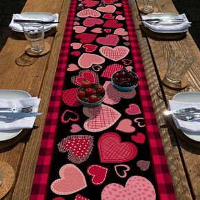 Seliem Valentine's Day Pink Black Love Heart Table Runner, Red Buffalo Plaid Check Polka Dot Stripe Scarf Home Kitchen Decor, Wedding Anniversary Farmhouse Burlap Dining Decoration Party Supply 13X72