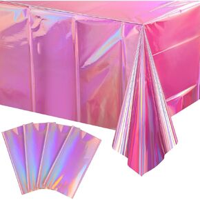 4 Pack Iridescent Pink Plastic Tablecloths, FunnyPars Shiny Disposable Laser Rectangle Table Covers, Holographic Foil Tablecloth Iridescent Party Decorations for Birthday Wedding Christmas, 54x108Inch