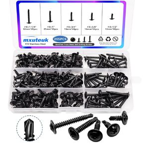 mxuteuk #8 x 1/2'' to 1-1/4" Black Self Tapping Screws for Metal Modified Truss Head 410 Stainless Steel Self Tapping Screws（ 205PCS ）