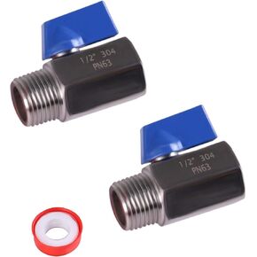 2 Pack 1/2 Inch Mini Ball Valve, 1/2 Inch NPT Thread Female x Male 304 Stainless Steel Shut-Off Valves with 1 PC Tape