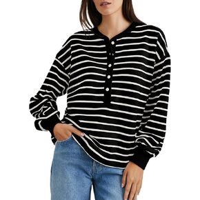 Women's Striped Oversized Sweatshirt Half Button Pullover Tops Long Sleeve Shirts Loose Drop Shoulder Preppy Clothes