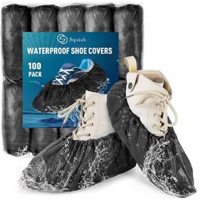 squish Shoe Covers Disposable Non-Slip, 100 Pack 6g Thick Booties Cover, Waterproof Slip Resistant Disposable Shoe Covers Durable Protector Covers for Indoors and Outdoors Fit Up to 13 Size (Black)
