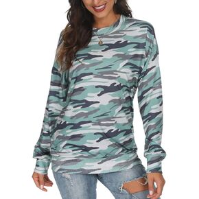 Barlver Women Casual Camo Sweatshirts Fall Loose Lightweight Camouflage Long Sleeves Shirt Crewneck Pullover S-XXL