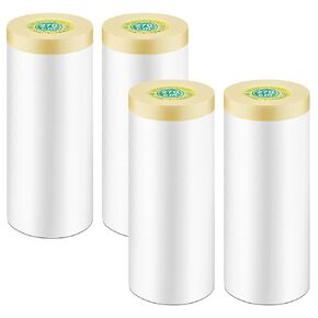 Painters Plastic with Tape, 4 Rolls Pre-Taped Masking Paper for Painting 8.9Ft x 89 Ft Automotive Masking Film Paint Adhesive Protective Film Roll for Painting Covering Walls Windows Auto Body