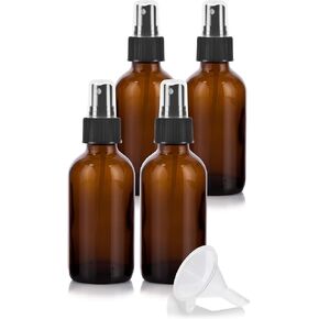 JUVITUS 4 oz Amber Glass Boston Round Bottle with Fine Mist Black Spray (4 pack) + Funnel