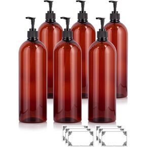 JUVITUS 32 oz Amber Boston Round PET Bottles with Black Lotion Pump (6 pack) + Labels