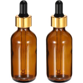 PATIKIL 60ml Glass Dropper Bottle, 2Pcs Leakproof Essential Oils Sample Liquid Perfume Container with Golden Eye Dropper for Storage Home Travel, Amber