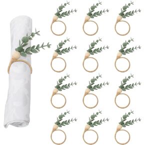 Napkin Rings Set of 12 Boho Rings with Artificial Eucalyptus Leaf Wood Rope for Farmhouse Wooden Napkin Holders for Wedding Home Dining Banquet Christmas Easter Holiday Table Decor