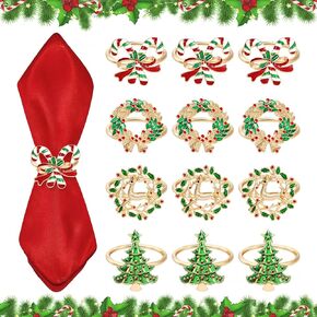 Christmas Napkin Rings Set of 12, Christmas Tree Elk Garland Cane Gold Napkin Holder Rings Xmas Metal Round Serviette Buckle, for Christmas Party Favors Thanksgiving Table Dinner Decor