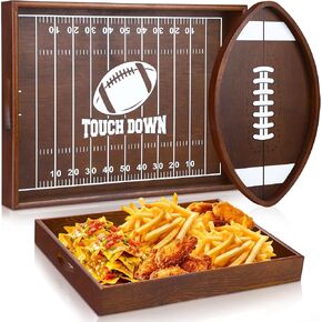 Aodaer 2 Pieces Football Serving Tray Wooden Plates Wood Football Shaped Oval Platter Football Field Shaped Plates for Football Birthday Party Supplies Game Decorations 14.5" 16"