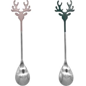 2Pcs Espresso Stirring Spoon 18/10(304) Stainless Steel Reindeer Antler Spoon 5.51inch Tiny Spoon for Christmas Gift Coffee Teaspoon Dessert Sugar Mixing