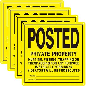 Tandefio 4 Pcs No Trespassing Signs Private Property Reflective Aluminum Posted Signs Metal No Hunting or Trespassing Signs for Warning No Hunting Fishing Trapping Indoor Outdoor Use (Purple,12x12'')