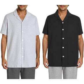 Esenchel Men's Cotton Knit Sleep Shirt Button Down Pajama Top 2 Pack