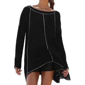 Long Sleeve Workout Tops for Women Crewneck Open Back Oversized Sweatshirts Loose Fit Athletic Tops with Thumb Hole