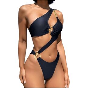 MakeMeChic Women's One Piece Swimsuit Cut Out Metallic Ring One Shoulder Monokini