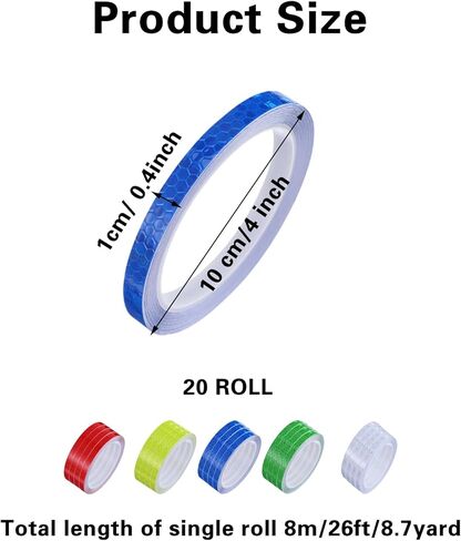 شريط عاكس من Prasacco 20 لفة، 0.4 بوصة × 8.7 ياردة/10 مم × 8 متر، شريط عاكس عالي الوضوح للتحذير، شريط عاكس مقاوم للماء، شريط تحديد أمان عاكس للدراجات والدراجات النارية (5 ألوان) in Kuwait