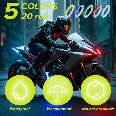 شريط عاكس من Prasacco 20 لفة، 0.4 بوصة × 8.7 ياردة/10 مم × 8 متر، شريط عاكس عالي الوضوح للتحذير، شريط عاكس مقاوم للماء، شريط تحديد أمان عاكس للدراجات والدراجات النارية (5 ألوان) in Kuwait