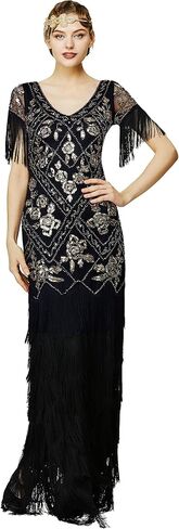 BABEYOND Women's Flapper Dress 1920s V-Neck Evening Gown Sequin Beaded Maxi Dress for Wedding Black Silver in Saudi Arabia