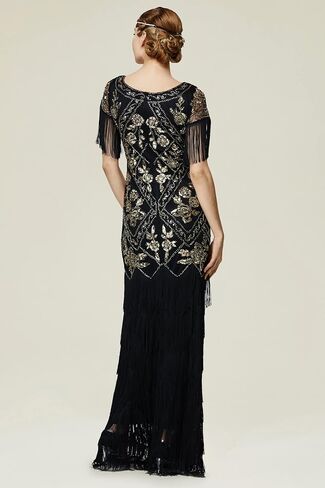 BABEYOND Women's Flapper Dress 1920s V-Neck Evening Gown Sequin Beaded Maxi Dress for Wedding Black Silver in Saudi Arabia