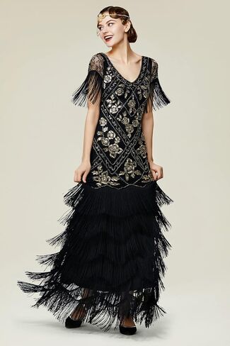 BABEYOND Women's Flapper Dress 1920s V-Neck Evening Gown Sequin Beaded Maxi Dress for Wedding Black Silver in Saudi Arabia