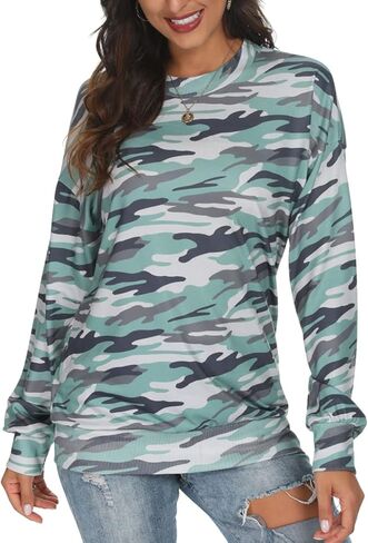 Barlver Women Casual Camo Sweatshirts Fall Loose Lightweight Camouflage Long Sleeves Shirt Crewneck Pullover S-XXL in Kuwait