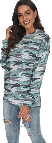 Barlver Women Casual Camo Sweatshirts Fall Loose Lightweight Camouflage Long Sleeves Shirt Crewneck Pullover S-XXL in Kuwait