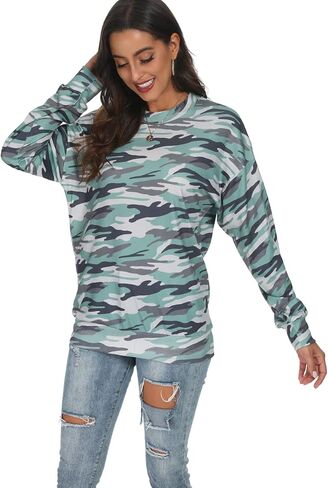 Barlver Women Casual Camo Sweatshirts Fall Loose Lightweight Camouflage Long Sleeves Shirt Crewneck Pullover S-XXL in Kuwait