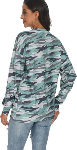 Barlver Women Casual Camo Sweatshirts Fall Loose Lightweight Camouflage Long Sleeves Shirt Crewneck Pullover S-XXL in Kuwait