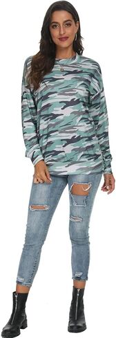 Barlver Women Casual Camo Sweatshirts Fall Loose Lightweight Camouflage Long Sleeves Shirt Crewneck Pullover S-XXL in Kuwait