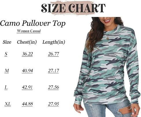 Barlver Women Casual Camo Sweatshirts Fall Loose Lightweight Camouflage Long Sleeves Shirt Crewneck Pullover S-XXL in Kuwait