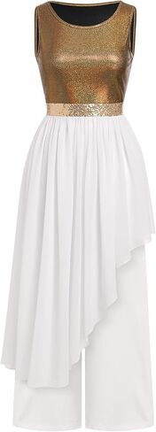 ODASDO Women Liturgical Worship Praise Dance Costumes Sleeveless Overlays Top Dress + Wide Leg Pants 2pcs Set Dancewear in Kuwait