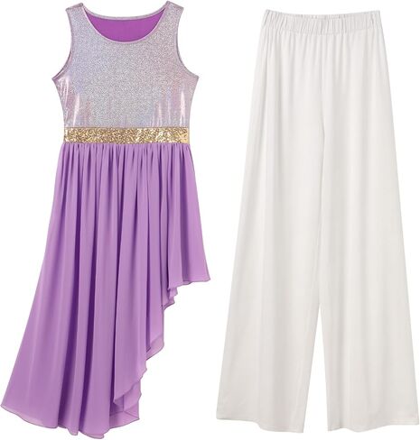 ODASDO Women Liturgical Worship Praise Dance Costumes Sleeveless Overlays Top Dress + Wide Leg Pants 2pcs Set Dancewear in Kuwait