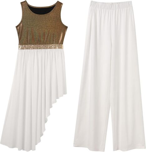 ODASDO Women Liturgical Worship Praise Dance Costumes Sleeveless Overlays Top Dress + Wide Leg Pants 2pcs Set Dancewear in Kuwait