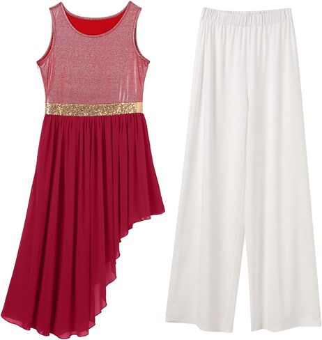 ODASDO Women Liturgical Worship Praise Dance Costumes Sleeveless Overlays Top Dress + Wide Leg Pants 2pcs Set Dancewear in Kuwait