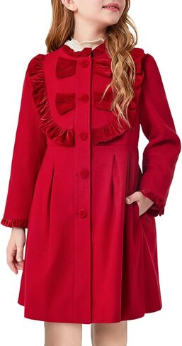Haloumoning Girls Dress Coat Kids Ruffle Button Down Cute Bow Long Winter Jackets with Pockets 3-12 Years in Kuwait