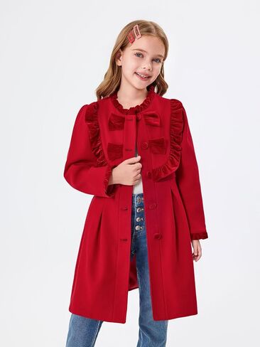 Haloumoning Girls Dress Coat Kids Ruffle Button Down Cute Bow Long Winter Jackets with Pockets 3-12 Years in Kuwait