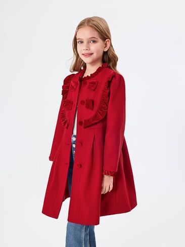 Haloumoning Girls Dress Coat Kids Ruffle Button Down Cute Bow Long Winter Jackets with Pockets 3-12 Years in Kuwait