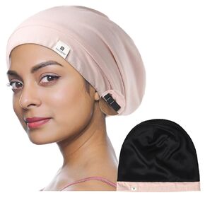 Yanibest 100% Mulberry Silk Lined Sleep Cap Christmas Silk Bonnet for Sleeping - Dark Black Hair Cover Bonnet for Natural Hair Adjustable Slouchy Beanie Hat