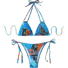 Women's 2 Piece Bikini Set Graphic Halter Swimsuit Tie Backless High Cut Triangle Bathing Suit