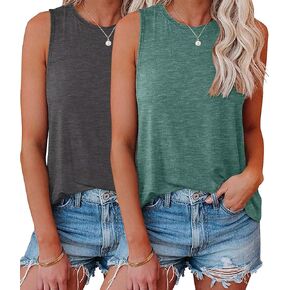 KKJ 2 Pack Womens Tank Tops Crew Neck Sleeveless Summer Cute Loose Fit Basic Solid Color Casual Shirts 2025 Trendy Clothes