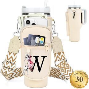 LOKASS Water Bottle Holder with Strap for Stanley Cup 30 oz Tumbler with Handle, Personalized Initial Gift, Water Bottle Carrier Bag with Phone Pocket & Carabiner for Stanley Cup Accessories