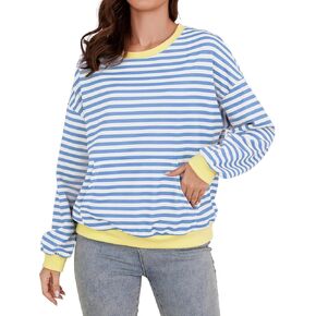 YATHON Womens Striped Sweatshirt Casual Long Sleeve Color Block Crew Neck Loose Pull Over Y2K Fall Tops with Pockets