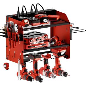 Modular Power Tool Organizer Wall Mount and Tool Charging Station. Garage 4 Drill Storage Shelf with Hooks, Heavy Duty Drill Holder Wall Mount, Tool Battery Holder Built in 8 Outlet Power Strip