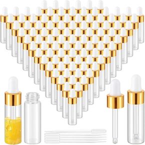 Kesell 100 Pack Mini Glass Dropper Bottles 5ml Clear Vials with Dropper for Essential Oil, Small Travel Bottle with 5 Plastic Droppers Small Sample Container with Lids (Gold)